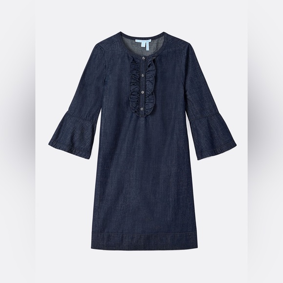 Draper James Blue Jean Dark Wash embroidered Chambray Ruffle Dress small 4  NWT - Picture 2 of 6